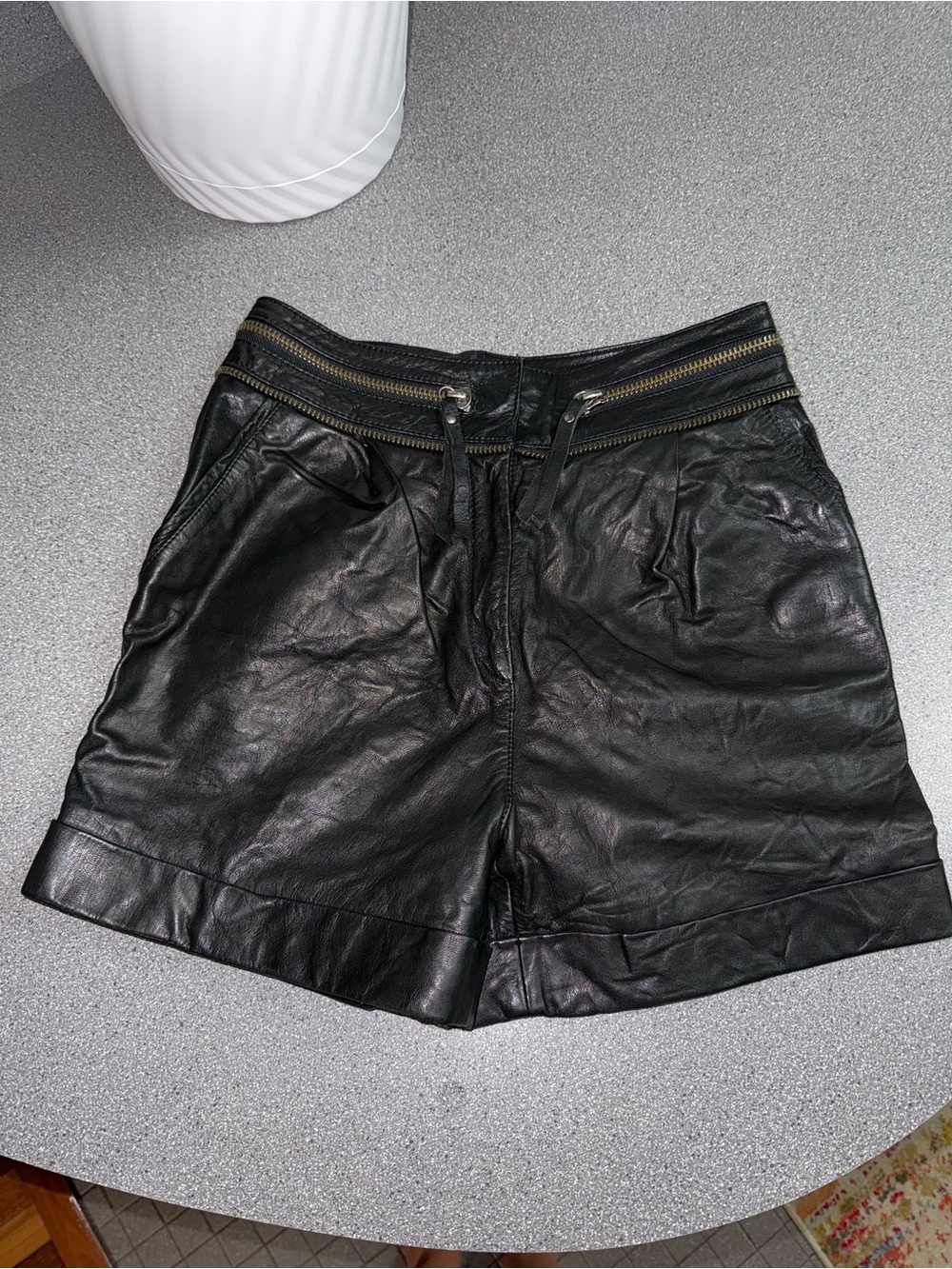 Karl Lagerfeld Black Genuine Goat Leather Shorts with Gold Zip Trim